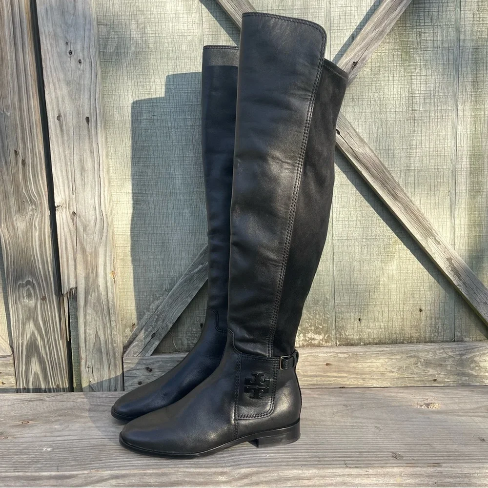 NEW Tory Burch Wyatt Over The Knee Boots Black Leather Logo Riding Boots Size 5